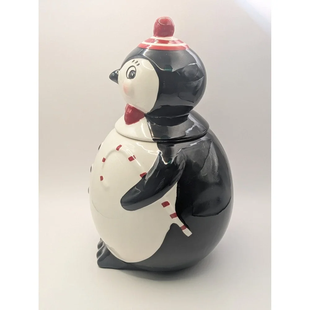 Johanna Parker Carnival Cottage Penguin Christmas Cookie Jar Canister Snug Lid - Picture 2 of 16